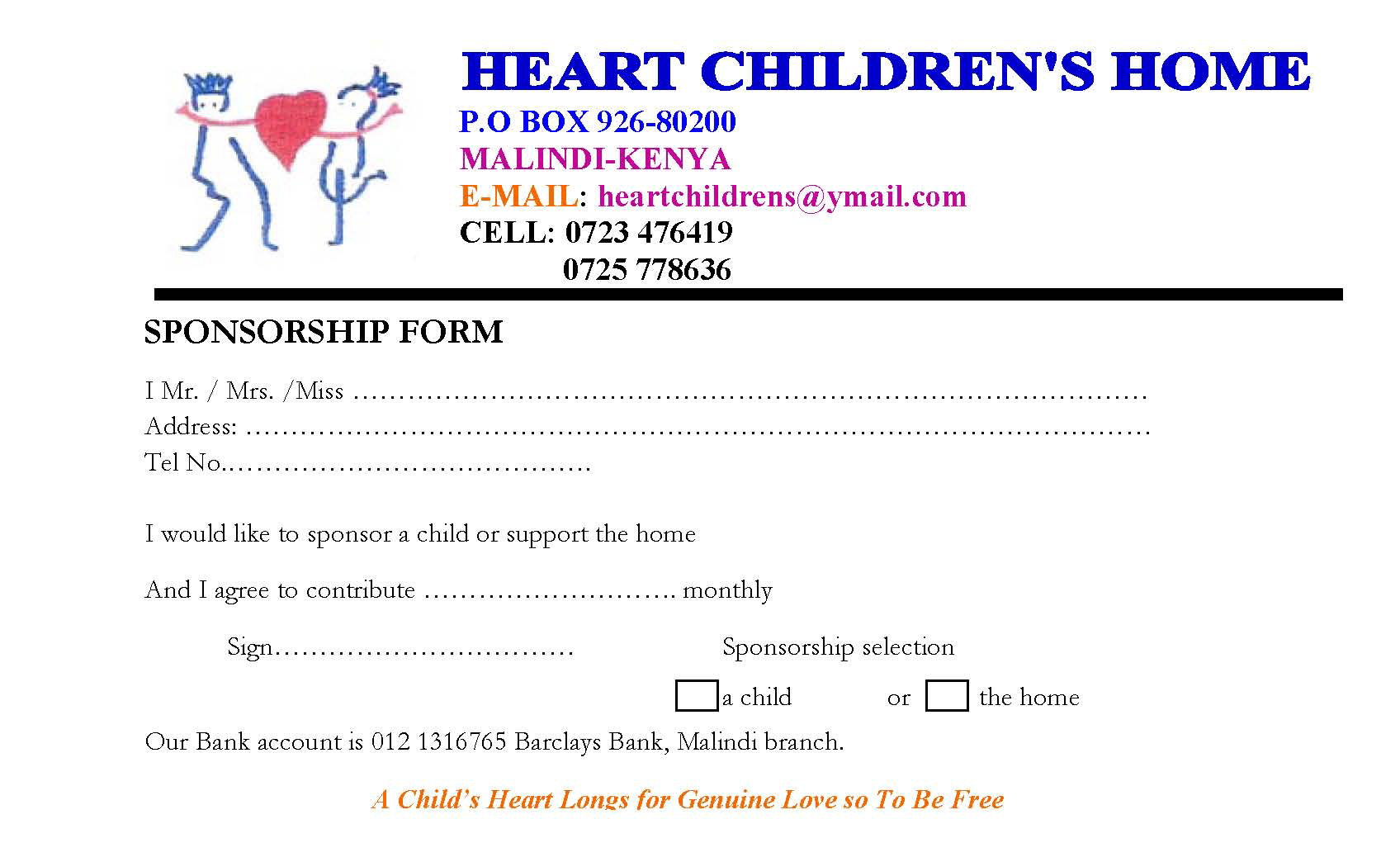 Heart Childrens home - Sponsorship form 1